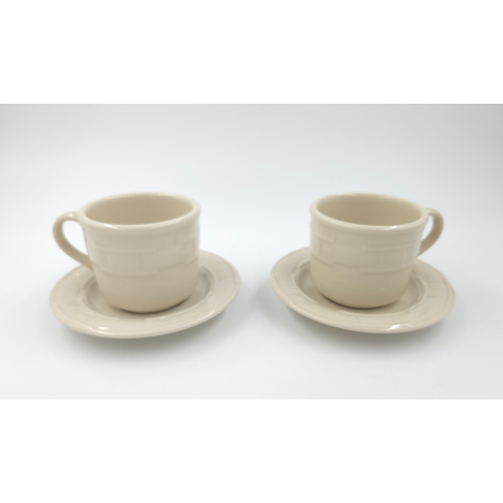 Longaberger Pottery Coffee Tea Mug Cup & Saucer Set Ivory White Woven Traditions